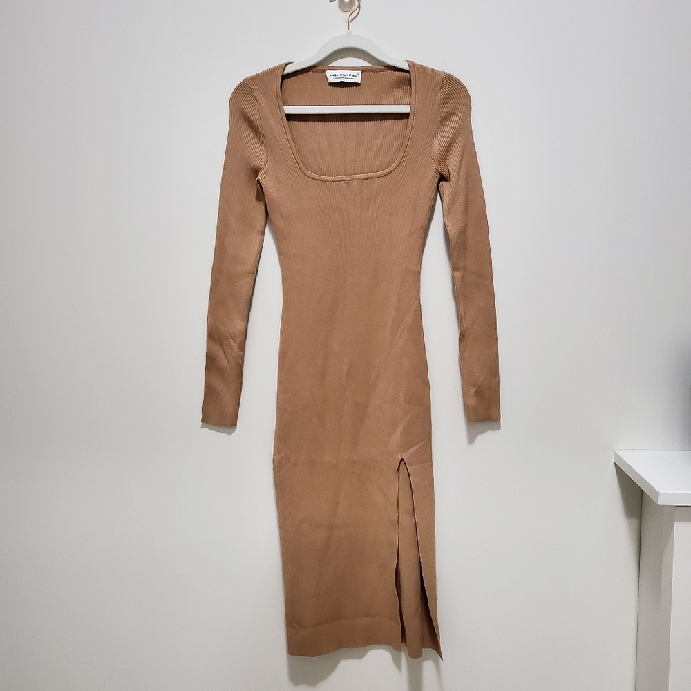 Camel Long Sleeve Ribbed Stretchy Midi Dress